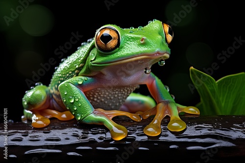 Little frog is sitting against black background, conception of wild animals