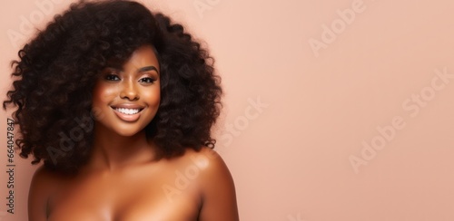 Smiling african american plus size model face portrait. Beautiful big black woman with perfect skin, studio portrait. Skin care advertising model, generated by AI photo