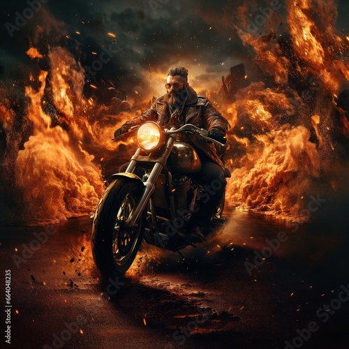 Rocker with sunglasses and biker beard, motorcycle fire art, burning road, hot flames, smokey, biker on two wheels, custom bike, generative AI, JPG