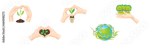 Save Planet Symbols and Ecology Protection with Soil, Globe and Forest Vector Set