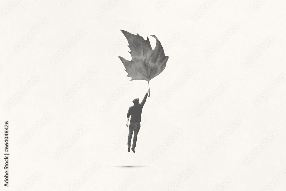Illustration of man trying to fly with umbrella, surreal minimal concept - obrazy, fototapety, plakaty 