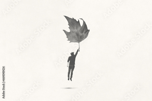 Illustration of man trying to fly with umbrella, surreal minimal concept
