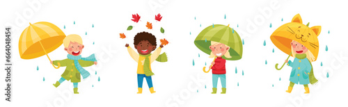 Happy Children Characters in Autumn Season Walking with Umbrella and Throwing Leaves Vector Set