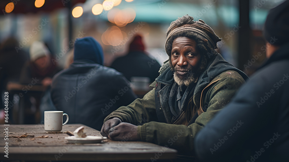 African American homeless man sitting at a table in a cafe and drinking tea.