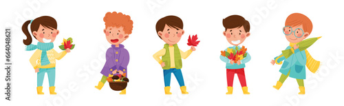 Happy Children Characters in Autumn Season Picking Mushroom and Leaves Vector Set