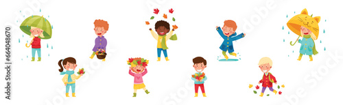 Happy Children Characters in Autumn Season Walking with Umbrella and Throwing Leaves Vector Set