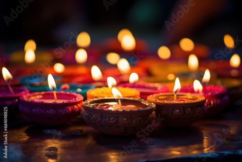 Colorful diya lit traditional oil lamps for holiday hindu diwali, festival of lights celebration