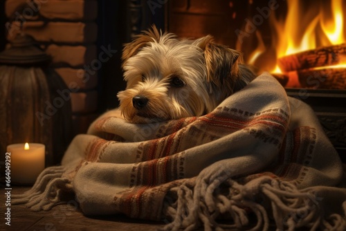 adorable canine cozy by the fireplace on a soft blanket. Generative AI photo
