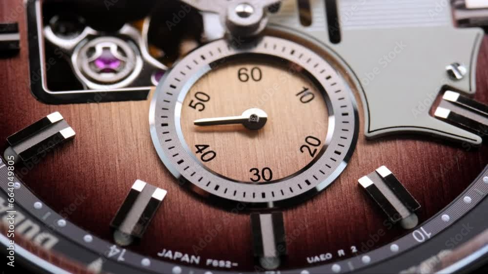 Extreme closeup of yellow second arrow passing by on blue clock face. Lengthwise view of luxury swiss watch. Closeup real time shot. Running second arrow. guitar on watch face Extreme closeup of yellow second arrow passing by on blue clock face. Lengthwise view of luxury swiss watch. Closeup real time shot. Running second arrow. guitar on watch face
