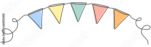 Buntings garland continuous line drawing. Party symbol. Vector illustration isolated on white.