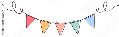 Buntings garland continuous line drawing. Party symbol. Vector illustration isolated on white.