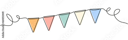 Buntings garland continuous line drawing. Party symbol. Vector illustration isolated on white.