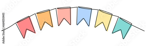 Buntings garland continuous line drawing. Party symbol. Vector illustration isolated on white.
