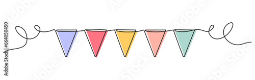 Buntings garland continuous line drawing. Party symbol. Vector illustration isolated on white.