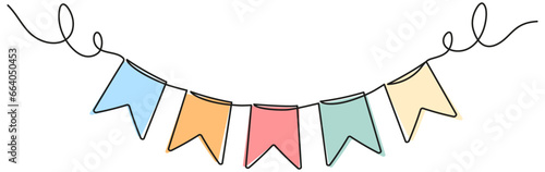Buntings garland continuous line drawing. Party symbol. Vector illustration isolated on white.
