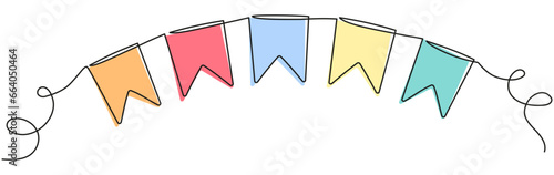 Buntings garland continuous line drawing. Party symbol. Vector illustration isolated on white.