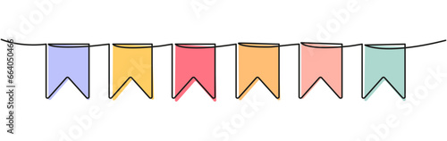 Buntings garland continuous line drawing. Party symbol. Vector illustration isolated on white.
