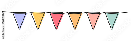 Buntings garland continuous line drawing. Party symbol. Vector illustration isolated on white.
