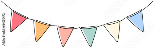 Buntings garland continuous line drawing. Party symbol. Vector illustration isolated on white.