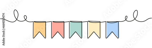 Buntings garland continuous line drawing. Party symbol. Vector illustration isolated on white.
