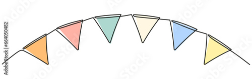 Buntings garland continuous line drawing. Party symbol. Vector illustration isolated on white.