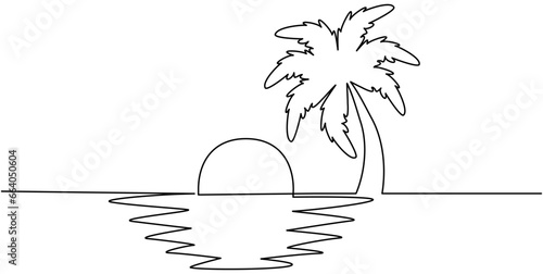Palm tree with ocean and sun continuous line drawing. Tropic landscape. Vector illustration isolated on white.