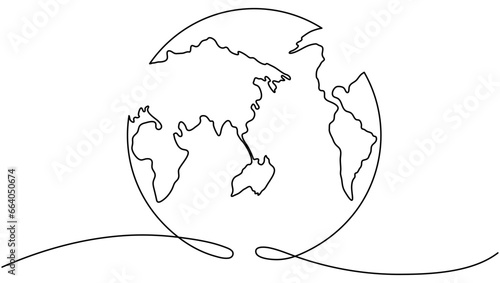 Continuous Earth continuous line drawing symbol. World map one line art. Earth globe hand drawn. Vector illustration isolated on white background.