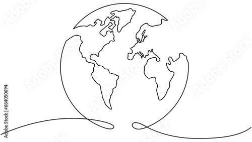 Continuous Earth continuous line drawing symbol. World map one line art. Earth globe hand drawn. Vector illustration isolated on white background.