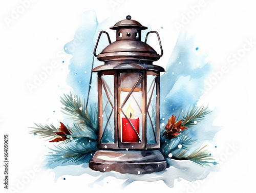 Winter illustration of Christmas handle lantern with winter decor in style of watercolor on white