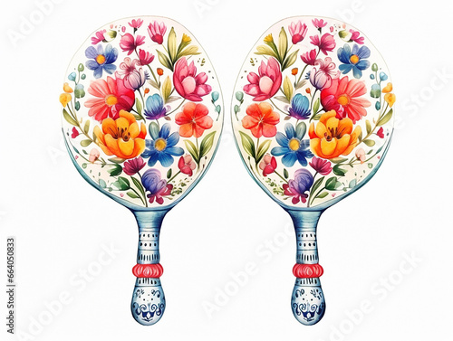 Watercolor folk  illustration of mexical floral maracas for music festival on white photo