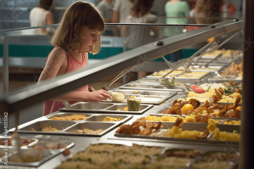 Cute girl choosing food in the school canteen, at lunch photo