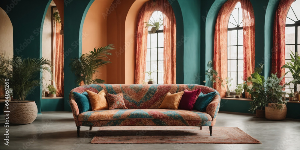 Bohemian loft home interior design of a modern living room. Colorful patterned sofa with vibrant pillows against a vintage arched window near a textured stucco wall with copy space.