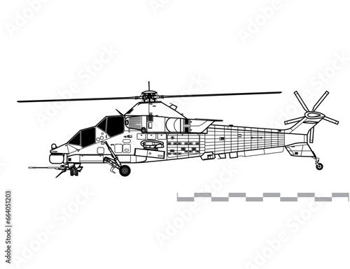 Denel Rooivalk Mk 1. Vector drawing of attack helicopter. Side view. Image for illustration and infographics.
