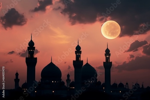 Moon over dome mosques on twilight sky, religious Ramadan month, Islamic culture. Generative AI