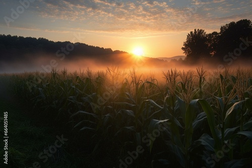 Sunrise over a field of corn. Generative AI