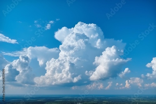 Luminous azure sky with gentle fluffy cloud formation. Generative AI