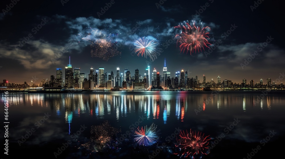 Fireworks in front of a skyline of a big city