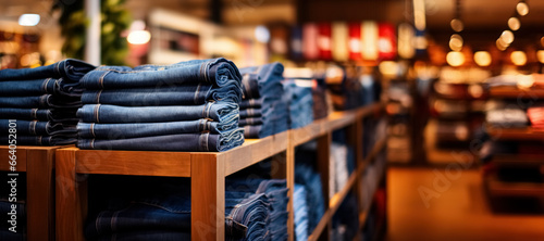 Blue jeans stacked on shelf in store shopping center, sale casual attire denim in showroom, with copy space