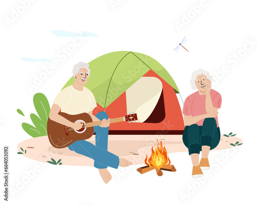 Happy elderly man play guitar for woman and celebrating anniversary near tent in nature. Aged couple outdoors on date. Senior lovers spending leisure time together. Flat vector illustration isolated