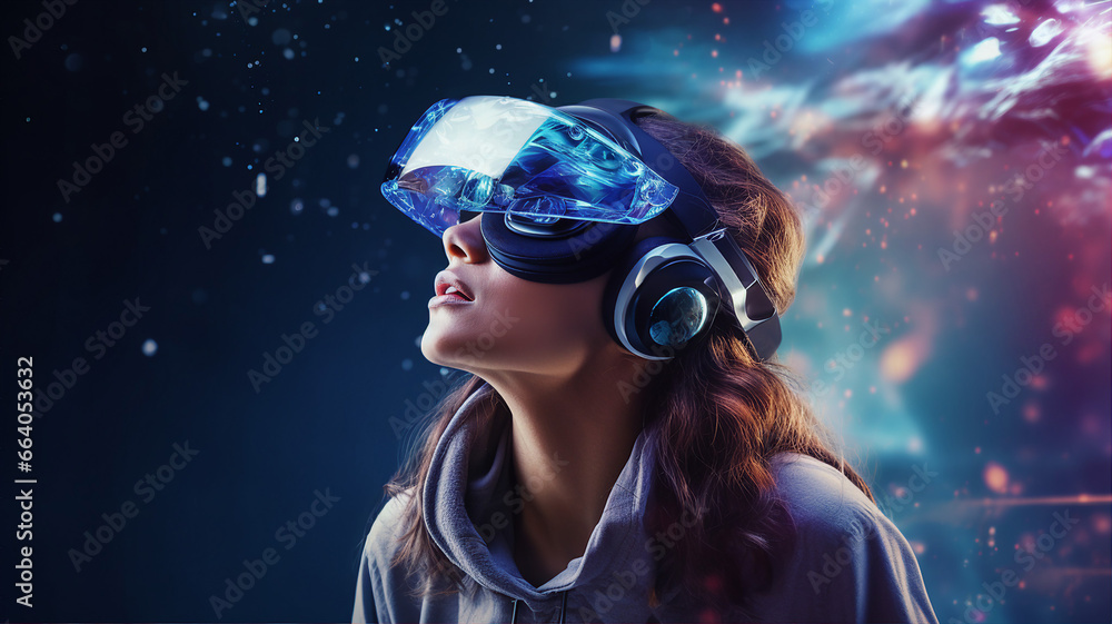 Augmented virtual reality technology, woman with vr glasses, hi tech background Augmented virtual reality technology, woman with vr glasses, hi tech background