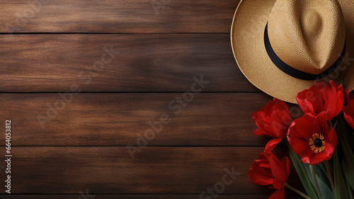 Australian hat and red poppy, Anzac day, background with copy space photo