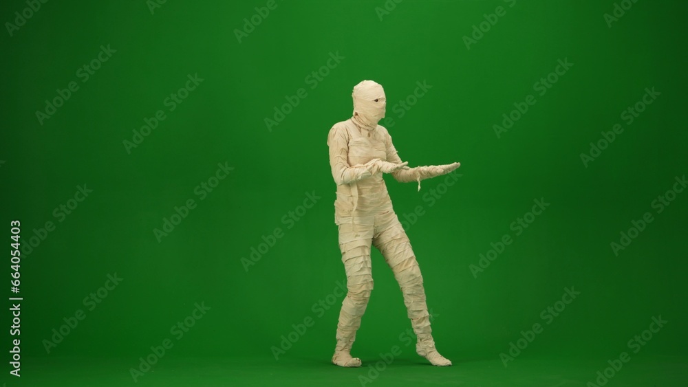 A mummy wrapped in bandages poses in a scary pose. Green screen isolated chroma key. Mock up, workspace, advertisement. Full length. Half turn. A mummy wrapped in bandages poses in a scary pose. Green screen isolated chroma key. Mock up, workspace, advertisement. Full length. Half turn.
