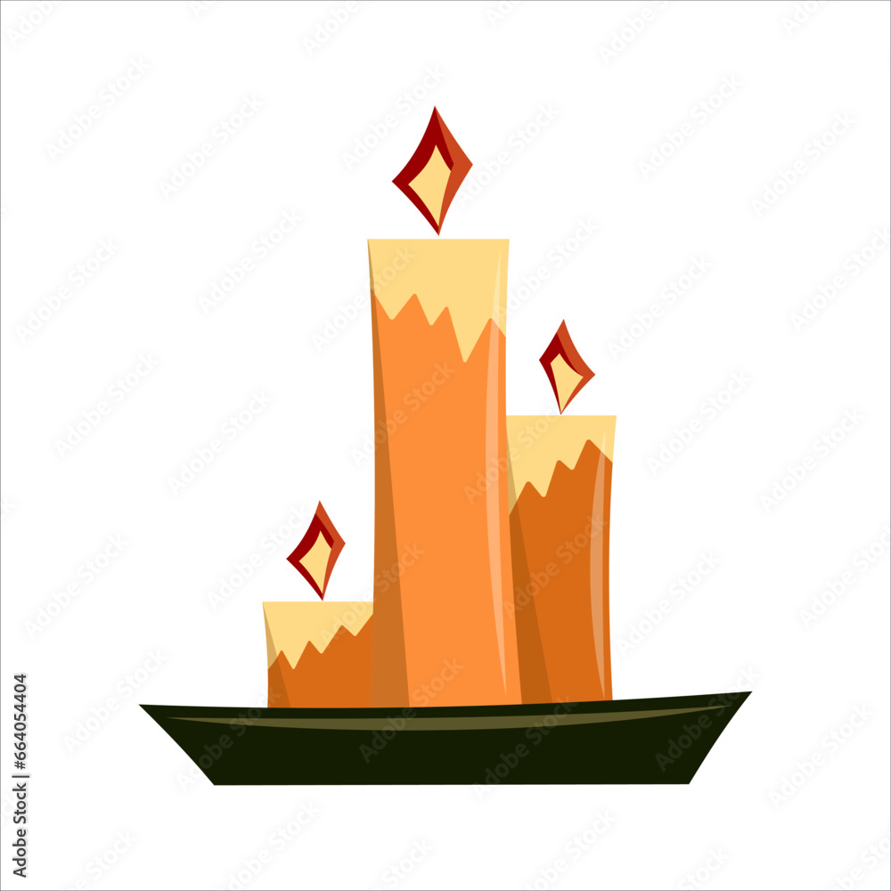 Three yellow burning candles on a black stand. Christmas candles isolated on white background. Flat vector illustration. Three yellow burning candles on a black stand. Christmas candles isolated on white background. Flat vector illustration.