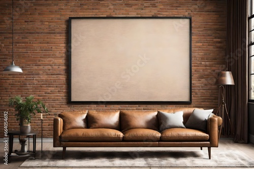A Canvas Frame for a mockup poised on a textured brick wall in a modern living room, where contemporary meets rustic