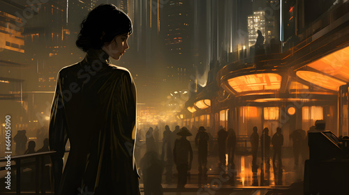 Woman standing in the pouring rain at night illuminated by the golden hues from nearby signs in a cyberpunk inspired city