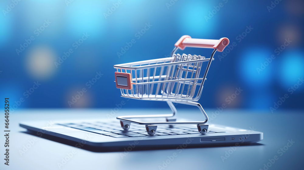 shopping cart and laptop, soft blue background, online stores concept 3d