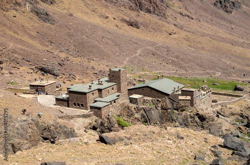 Stone Huts Toubkal in High Atlas mountain in Toubkal national park, Morocco, Africa
