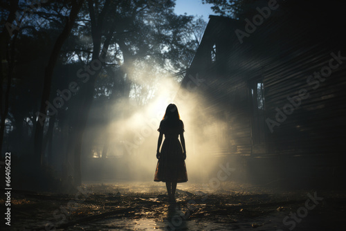 A terrifying scene of a little girl in front of a strong light at night in the middle of the fog