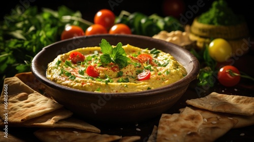 Hummus: A beautifully styled shot of a bowl of hummus surrounded by fresh vegetables and slices of pita bread.