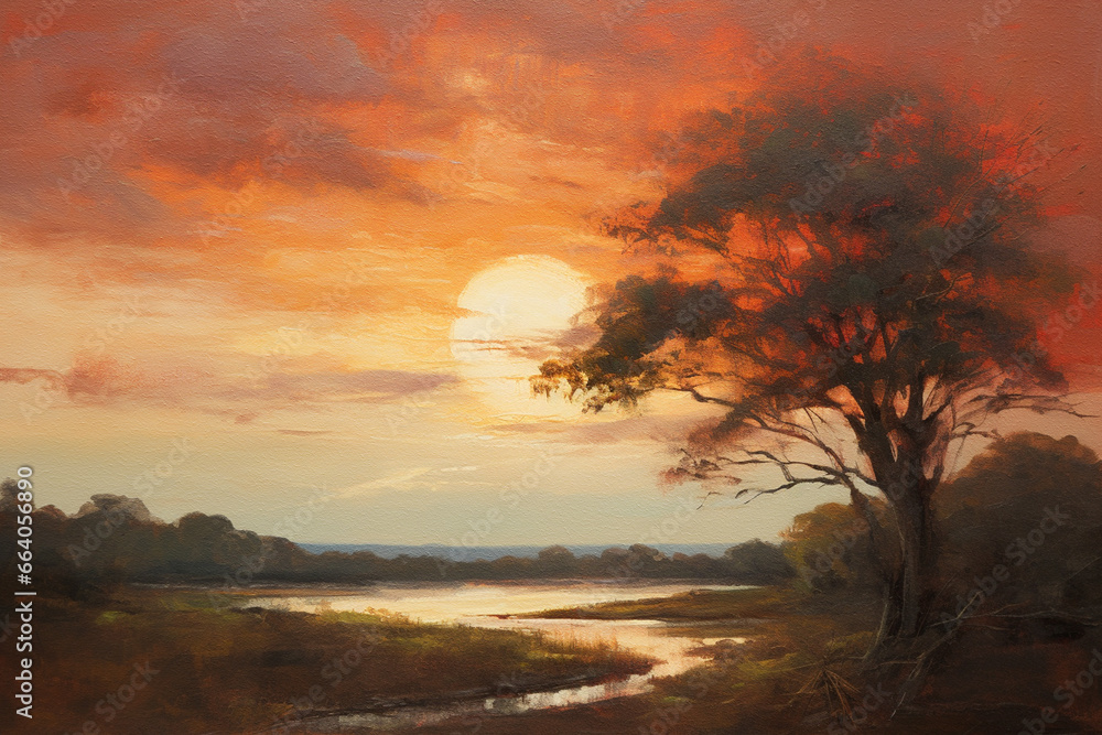Tranquil Sunset Reflections: Lake and Tree Oil Painting